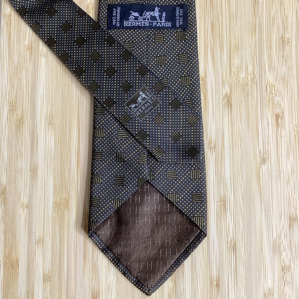 Hermes Paris Silk Tie Brown Geometric Made in France - Picture 2 of 7